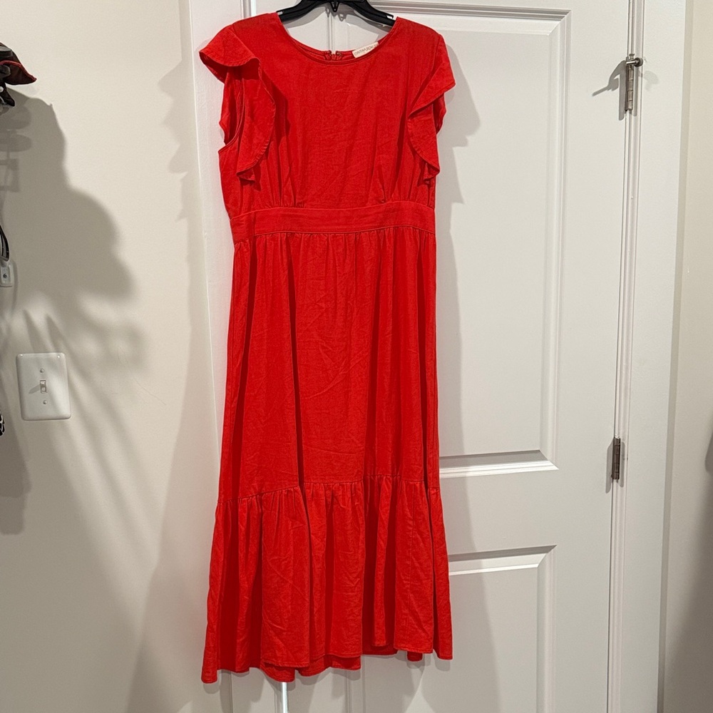Cynthia Rowley Red Midi Dress with Ruffle Sleeves